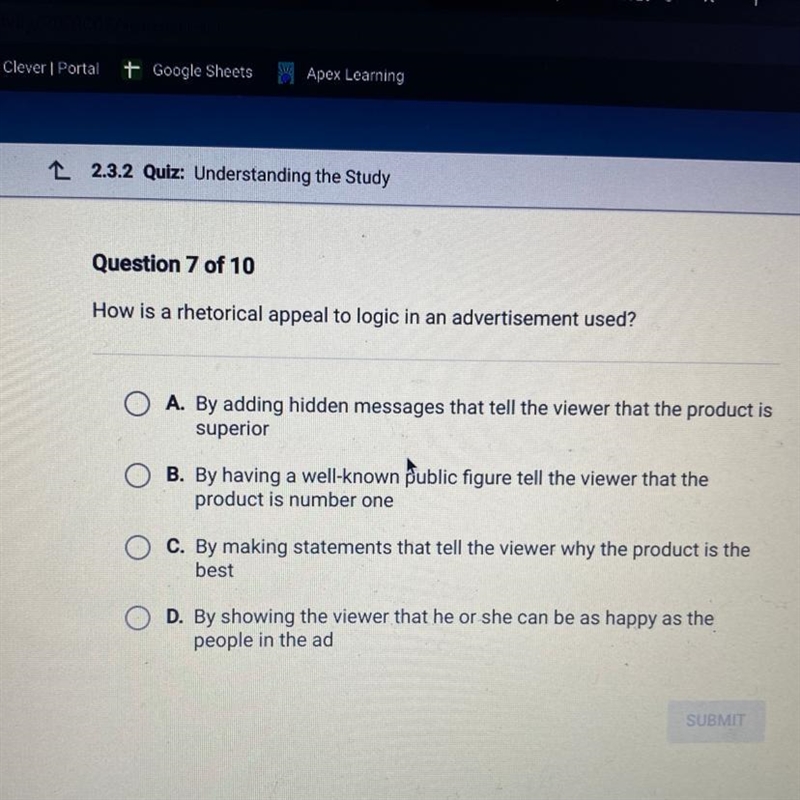 Question 7 of 10 How is a rhetorical appeal to logic in an advertisement used? OA-example-1