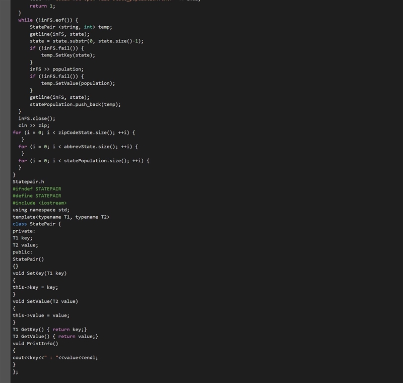 C++ 13. 5 lab: zip code and population (class templates) define a class statepair-example-1