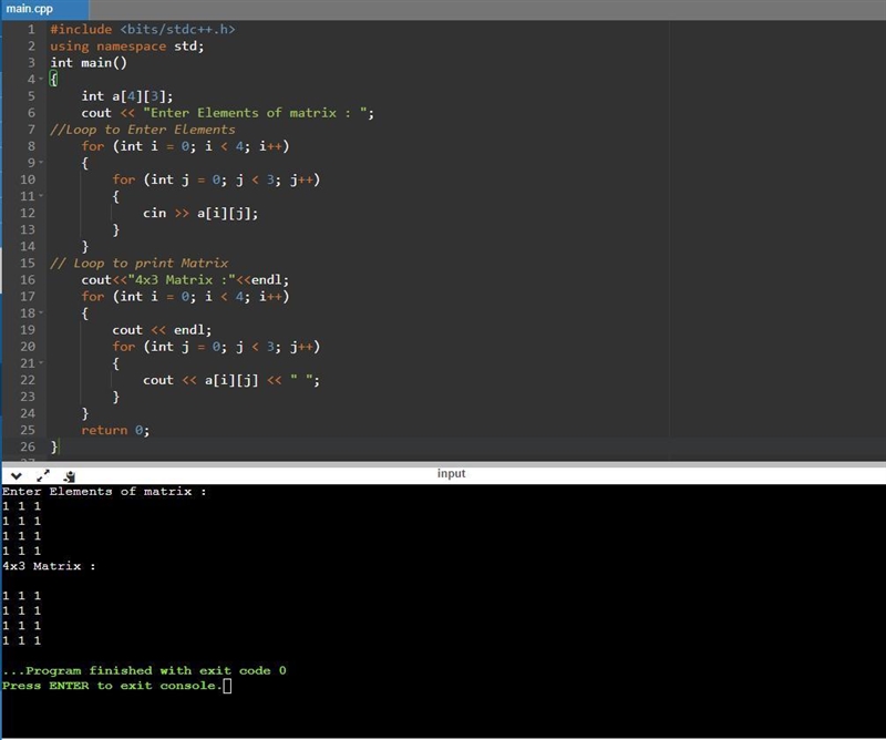 Write a program to input elements of 4*3matrix and prints its elements properly using-example-1