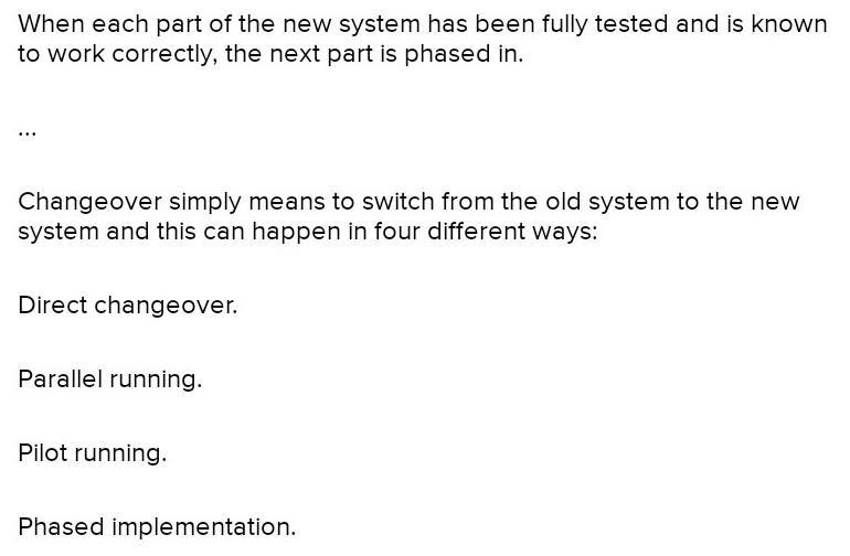 Name and describe methods of inplementing a new computer system. For each one describe-example-1