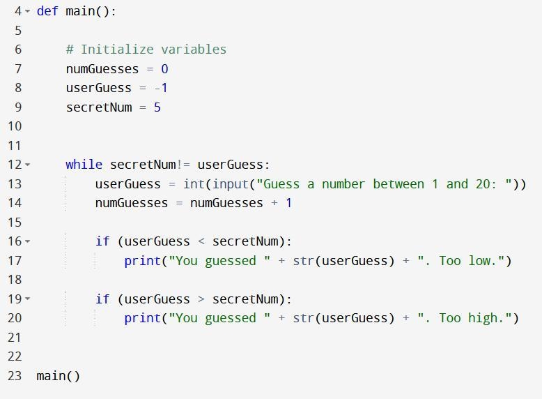 Can someone tell me what’s wrong with this? def main(): # Initialize variables numGuesses-example-1