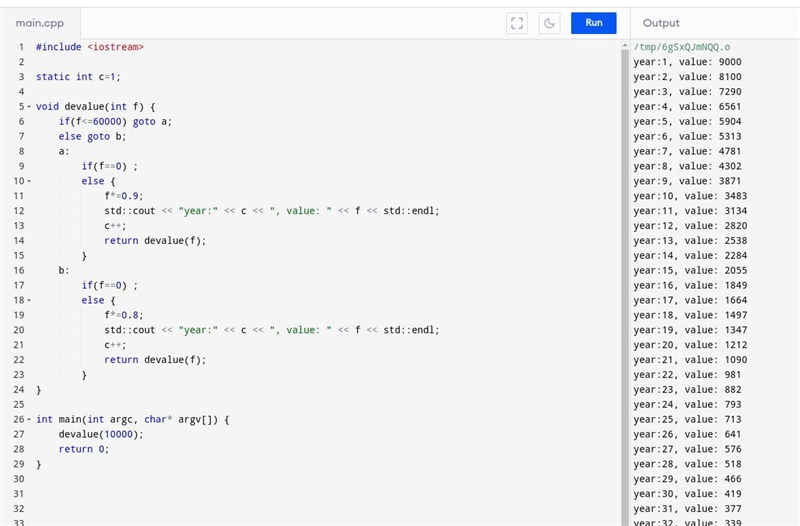 complete devalue()'s recursive case: if value ≤ 60000.0, call devalue() to compute-example-1