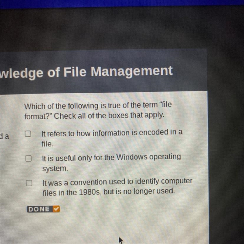 Which of the following is true of the term "file format?" Check all of the-example-1