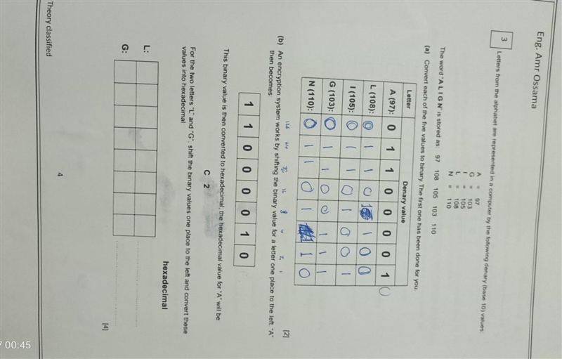 An encryption system works by shifting the binary value for a letter one place to-example-1