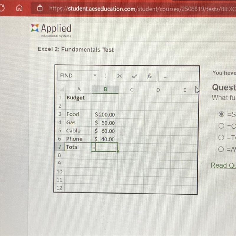 Which formula should be entered to calculate the total budget?-example-1