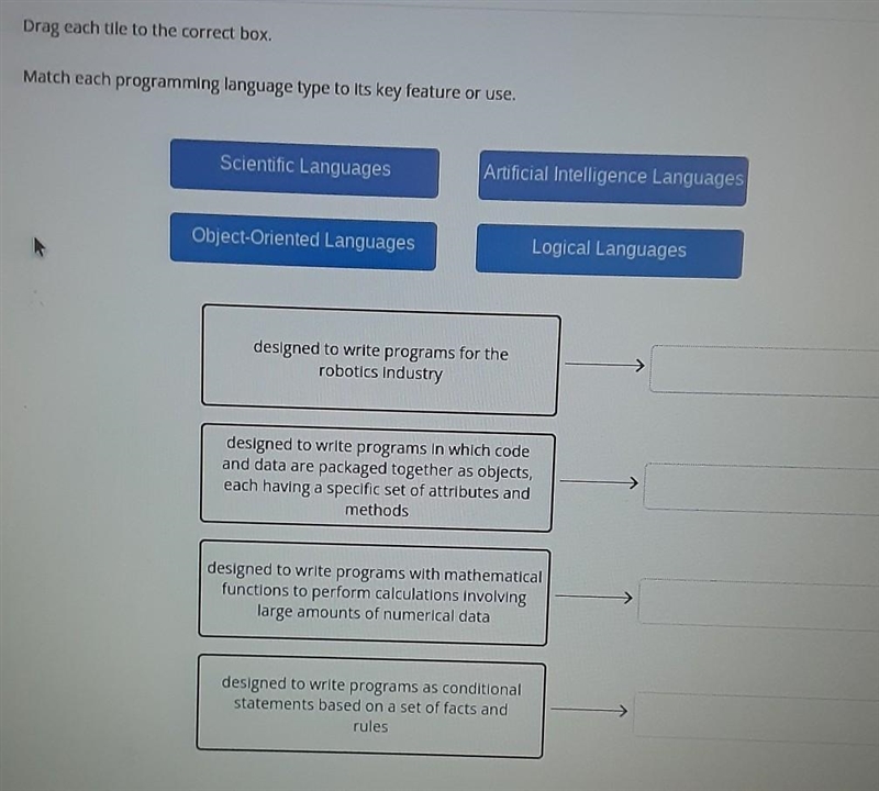 Match each programming language type to its key feature or use. Scientific Languages-example-1
