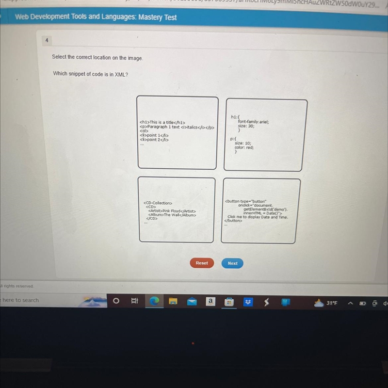 Select the correct location on the image. Which snippet of code is in XML? This is-example-1