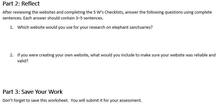 Part 1: Compare the Websites You are conducting research for a project about elephant-example-5