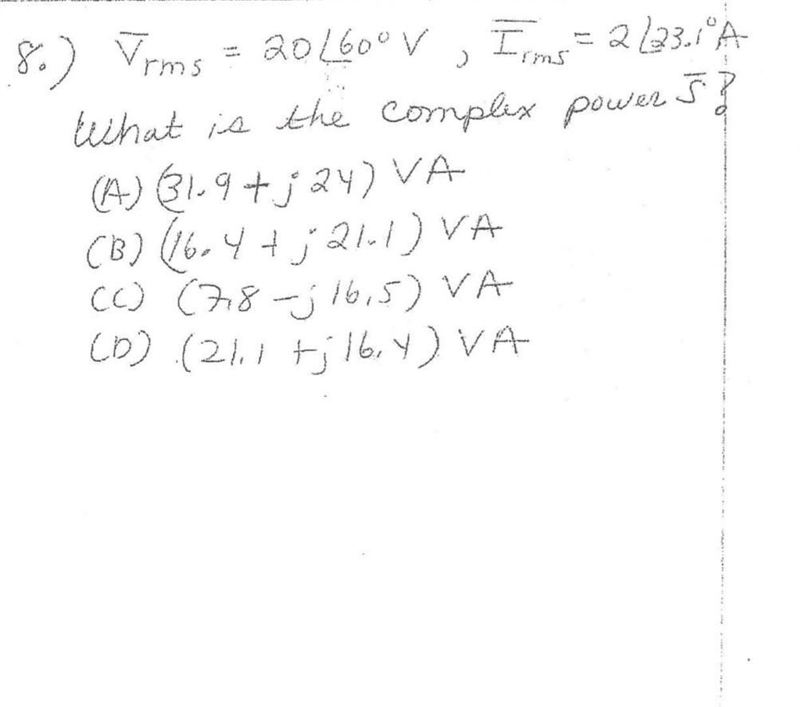 V_(rms) = 20 < 60° V\\ I_(rms) = 2 < 23.1°A What is the complex power S? (A-example-1