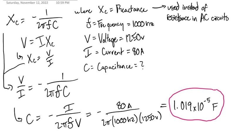 A capacitor is connected into a 1250v 1000hz circuit. The current is 80A. What is-example-1