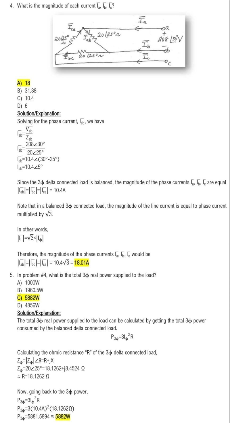 4.). What is the magnitude of current Ia, Ib, Ic? A.)18 B.) 31.18 C.)10.4 D.)6 5.) In-example-1