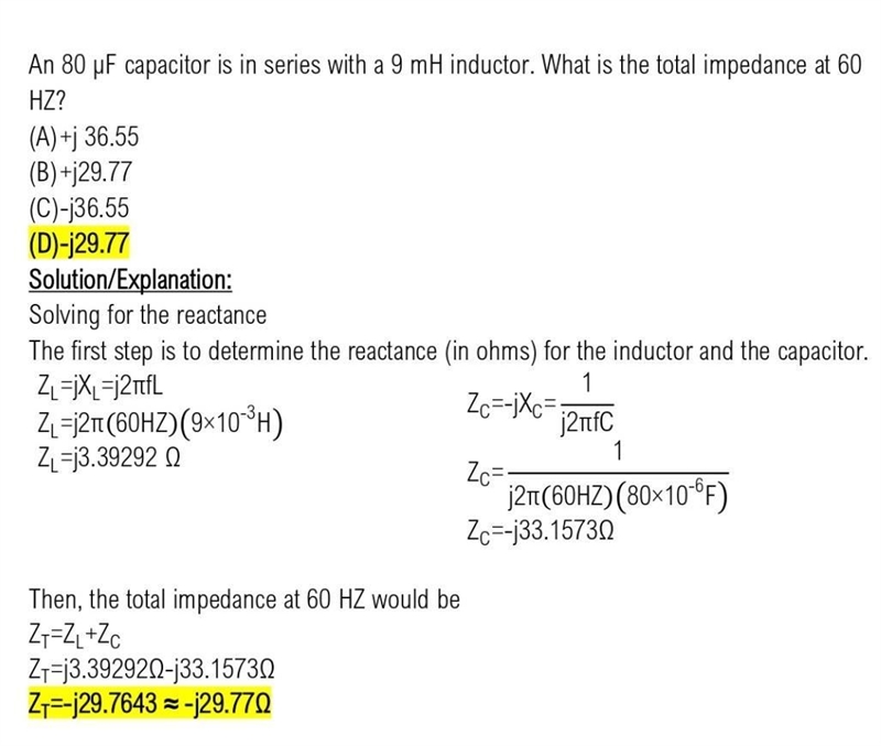 An 80 uF capacitor is in series with a 9mH inductor. What is the total impedance at-example-1