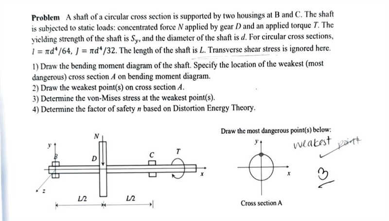 A shaft of a circular cross section is supported by two housings at B and C. The shaft-example-1