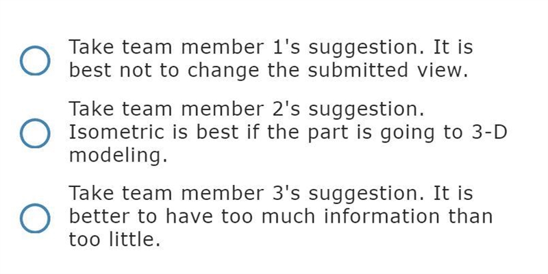 The team needs to choose a primary view for the part drawing. Three team members make-example-1