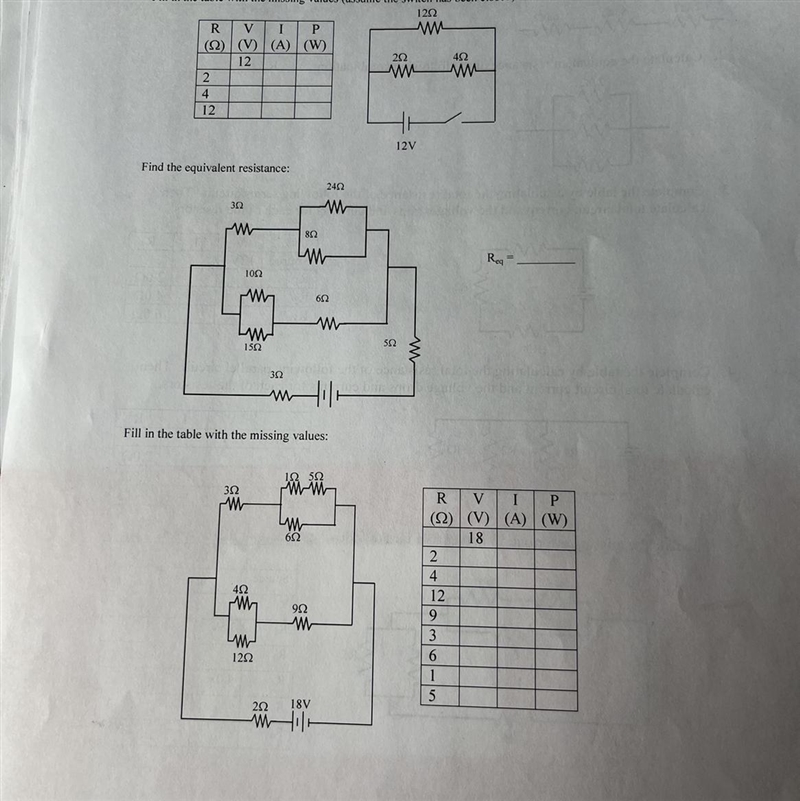 Fill in the tables and find the equivalent resistance for the following circuits:-example-1