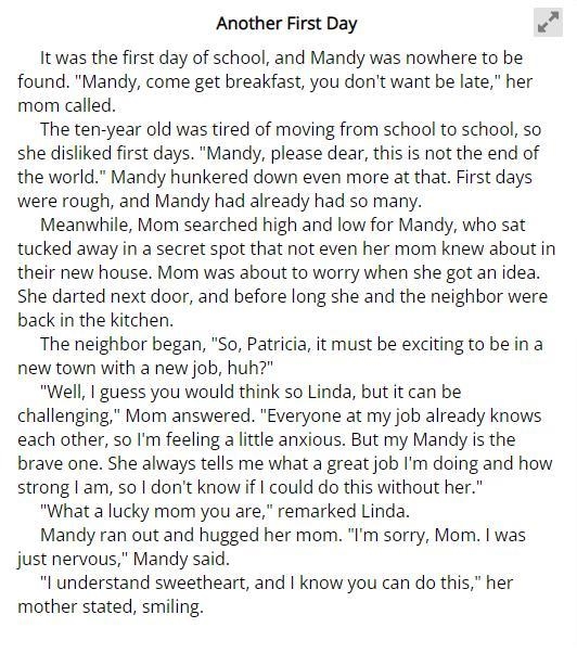 Read the sentences from the passage. Mandy ran out and hugged her mom. "I'm sorry-example-1