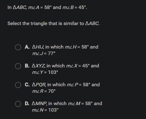 In ABC, m,a = 59 degrees and m,b = 45 degrees. which triangle is similar to abc? giving-example-1