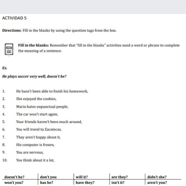 Directions: Fill in the blanks by using the question tags from the box. Fill in the-example-1