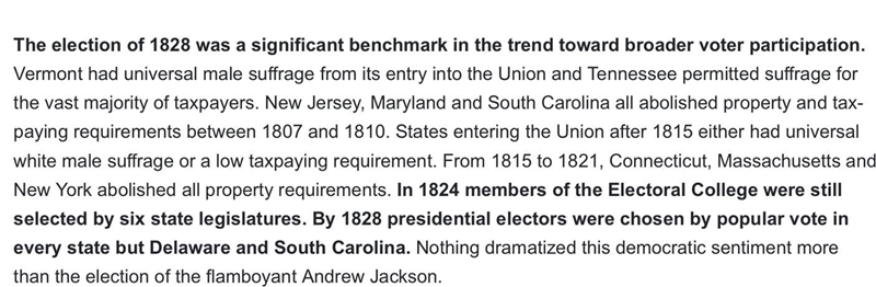 What was significant about the presidential election of 1828? How were electors chosen-example-1