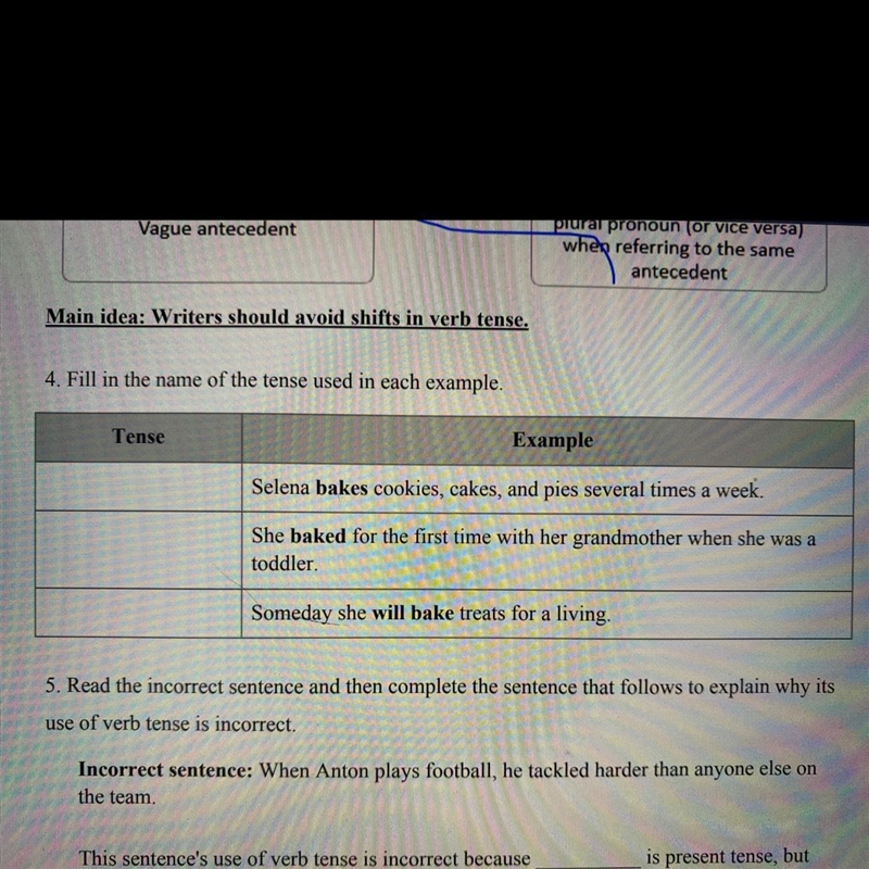 4. Fill in the name of the tense used in each example. Tense Example Selena bakes-example-1