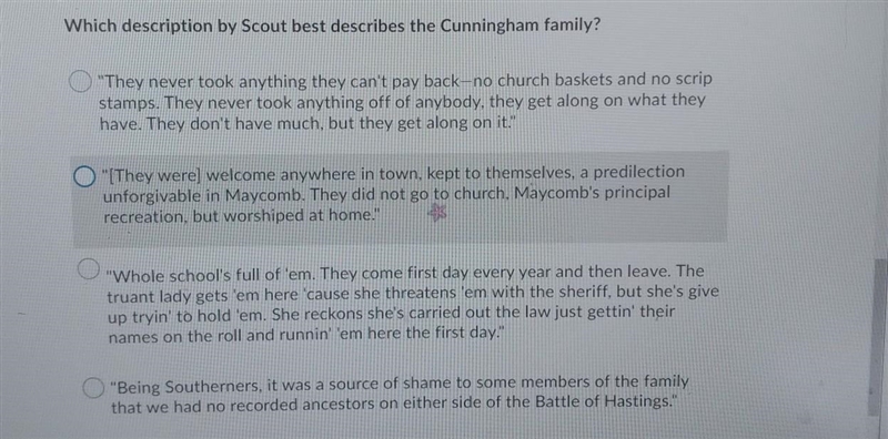 Which description by Scout best describes the Cunningham family? "They never-example-1