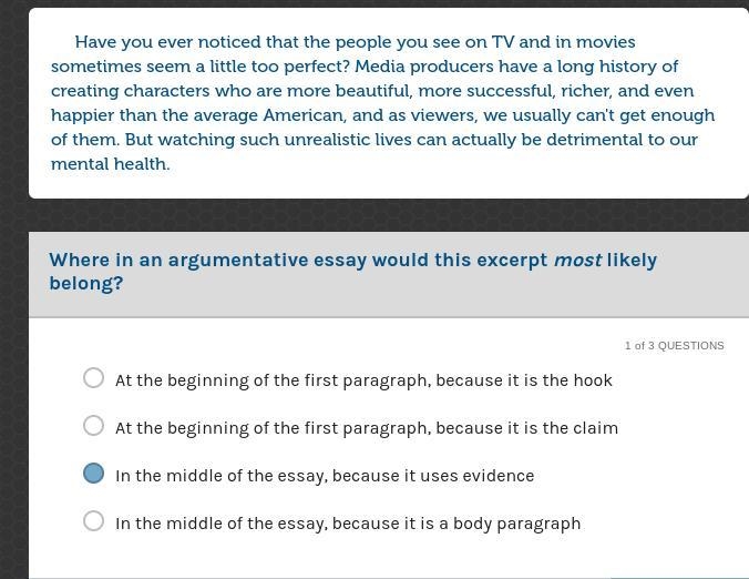 Where in an argumentative essay would this excerpt most likely belong?-example-1