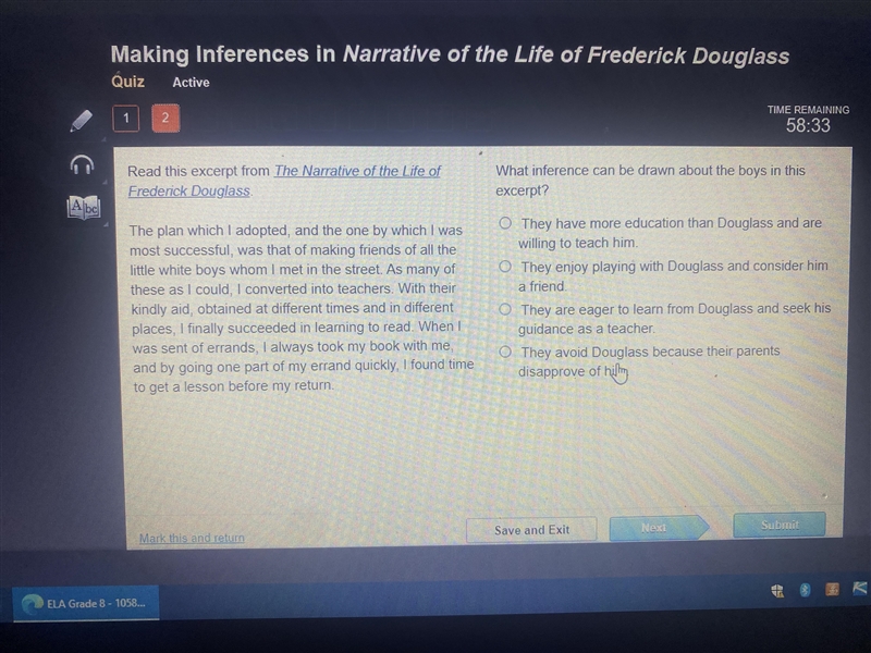 Making inferences the narrative of the life of Frederick Douglass, what inference-example-1