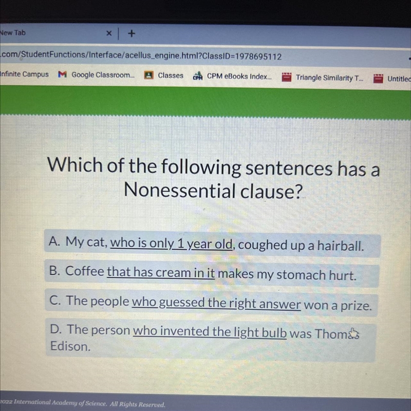 Which of the following sentences has a Nonessential clause?-example-1