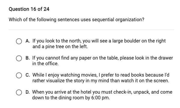 Which of the following sentences uses sequential organization?-example-1