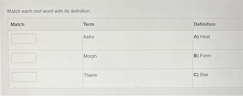 HELP ASAP PLEASE!! Match the root words with its definition-example-1