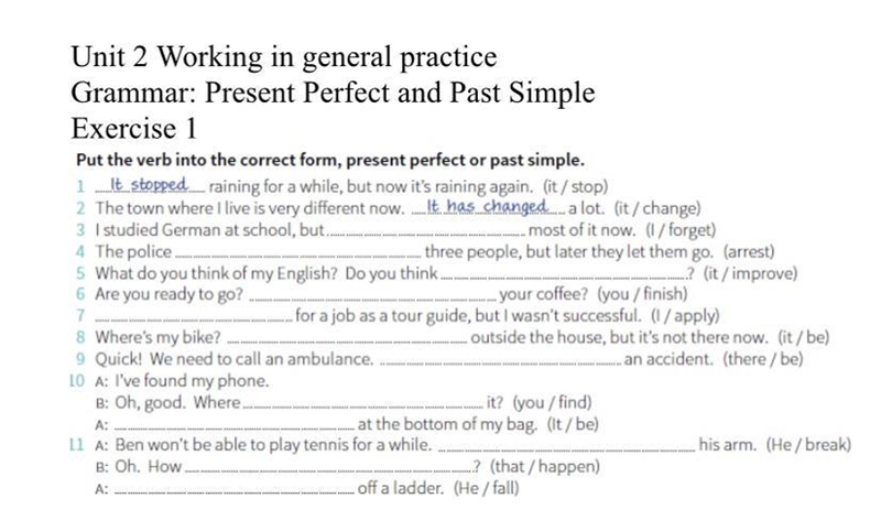 Unit 2 Working in general practice Grammar: Present Perfect and Past Simple-example-1