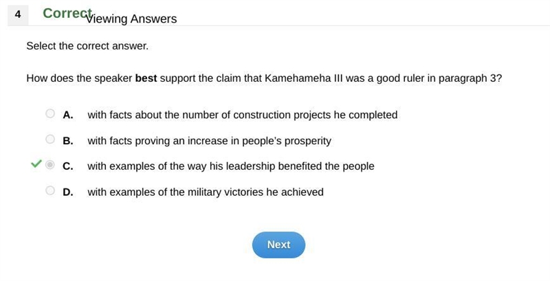 Select the correct answer. How does the speaker best support the claim that Kamehameha-example-1