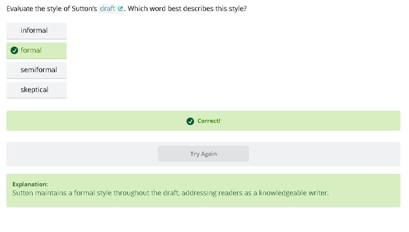 Evaluate the style of Sutton’s draft. Which word best describes this style? Informal-example-1