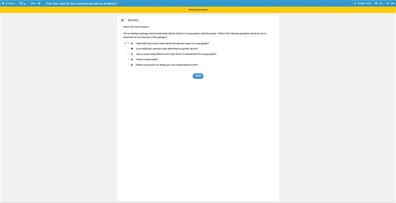Select the correct answer. Ren is reading a passage about social media and its impact-example-1