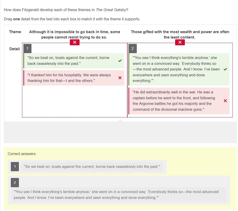 How does Fitzgerald develop each of these themes in The Great Gatsby? Drag one detail-example-1
