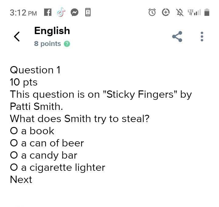 Question 1 10 pts This question is on "Sticky Fingers" by Patti Smith. What-example-1