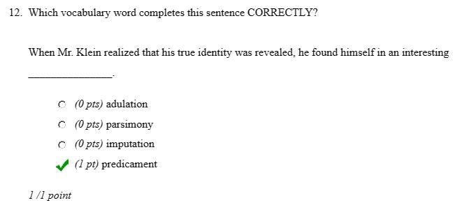 12. Which vocabulary word completes this sentence CORRECTLY? When Mr. Klein realized-example-1