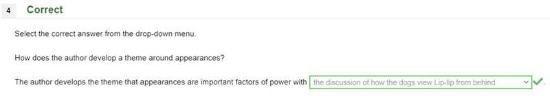 Select the correct answer from the drop-down menu. How does the author develop a theme-example-1