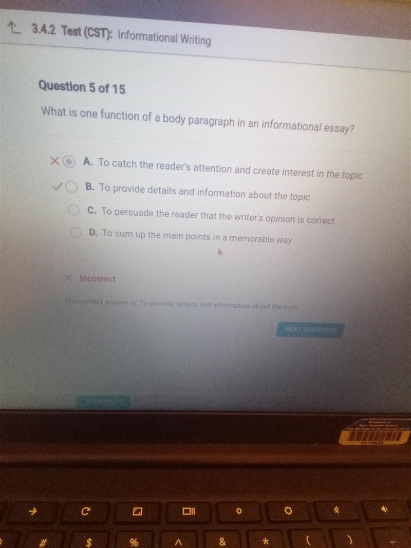 Question 3 of 15 What is one function of a body paragraph in an informational essay-example-1