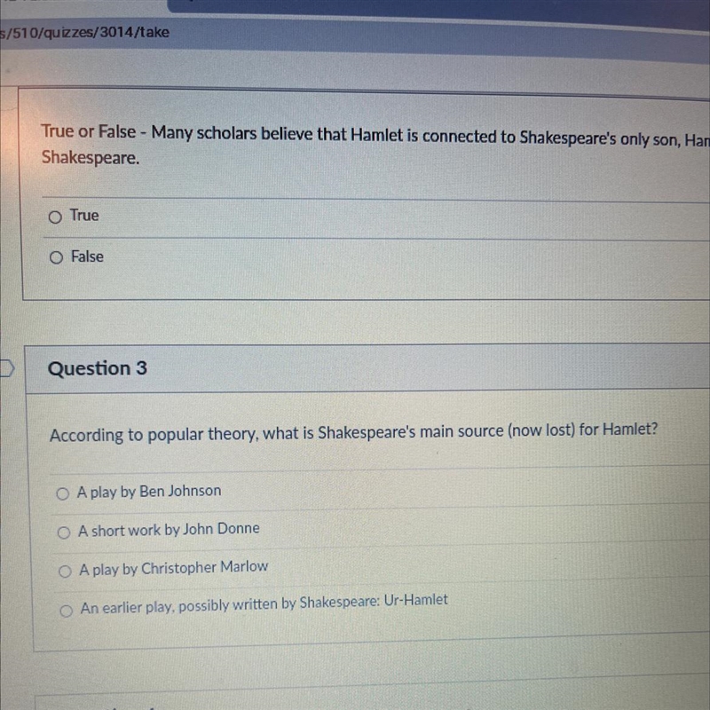 Question 3 According to popular theory, what is Shakespeare's main source (now lost-example-1