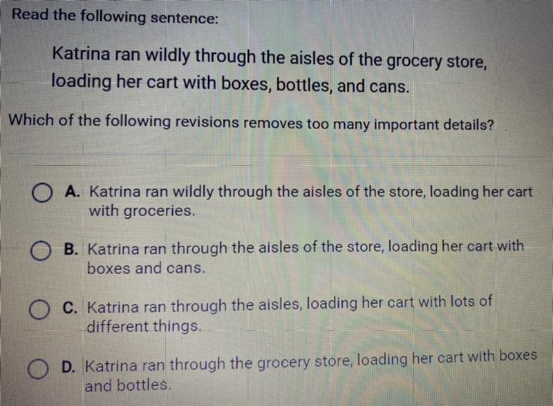 Read the following sentence: Katrina ran wildly through the aisles of the grocery-example-1