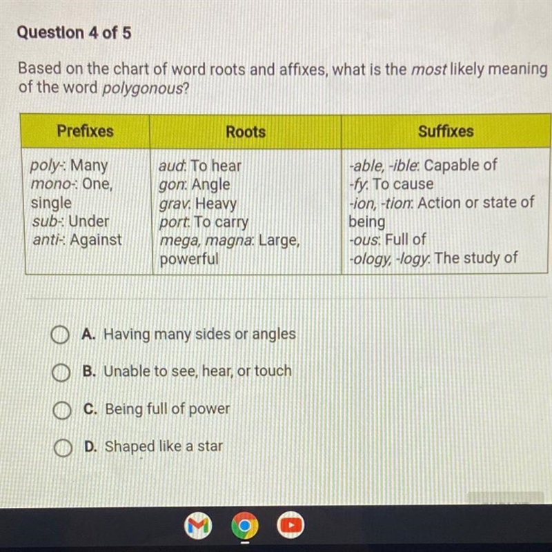 Help please Based on the chart of word roots and affixes, what is the most likely-example-1