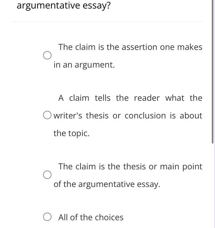 What is the function of a claim in a argumentative essay?-example-1