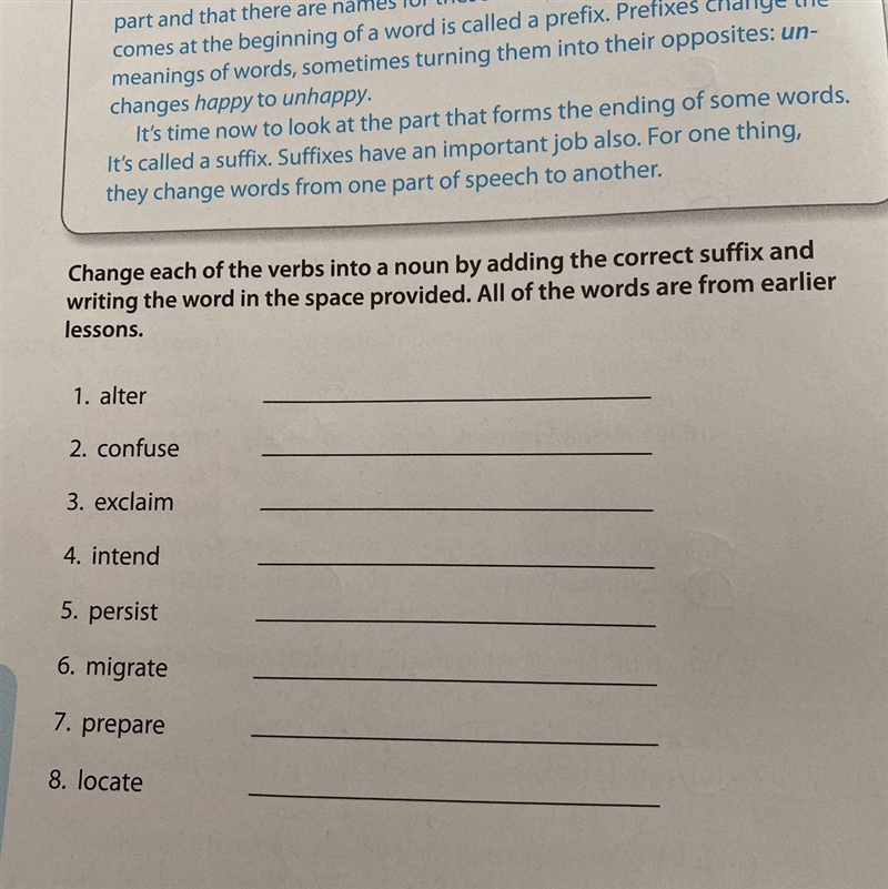 Change each of the verbs into a noun by adding the correct suffix and writing the-example-1