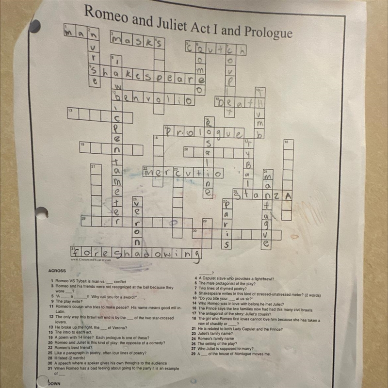 Romeo and Juliet act 1 and prologue crossword-example-1