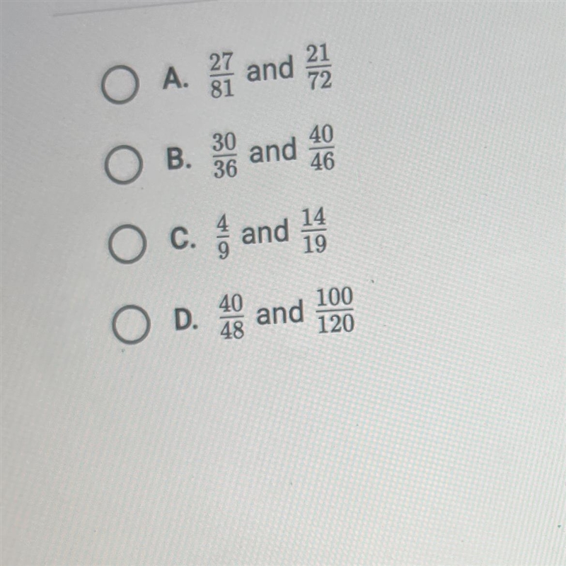 PLEASE HURRY! no links please! Which two ratios represent quantities that are proportional-example-1