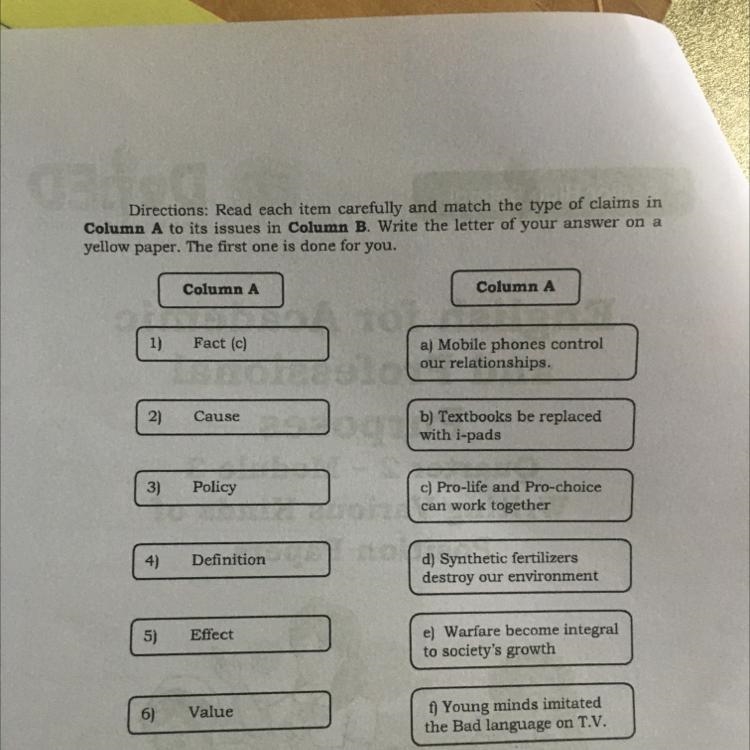 Directions: Read each item carefully and match the type of claims in Column A to its-example-1