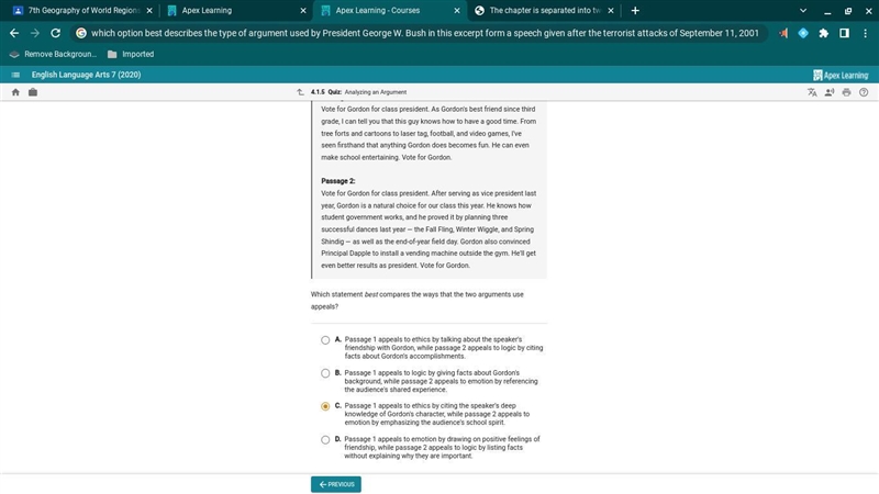 which option best describes the type of argument used by President George W. Bush-example-1