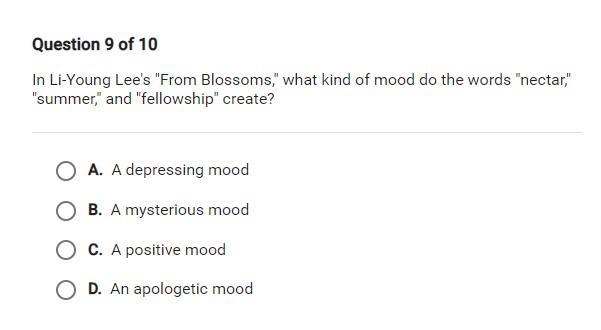 In Li-Young Lee's "From Blossoms," what kind of mood do the words &quot-example-1