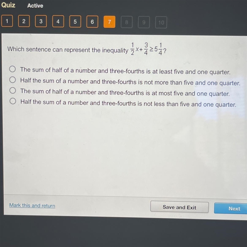 Which sentence can represent ye inequality 1/2x+3/4> 5 1/4-example-1